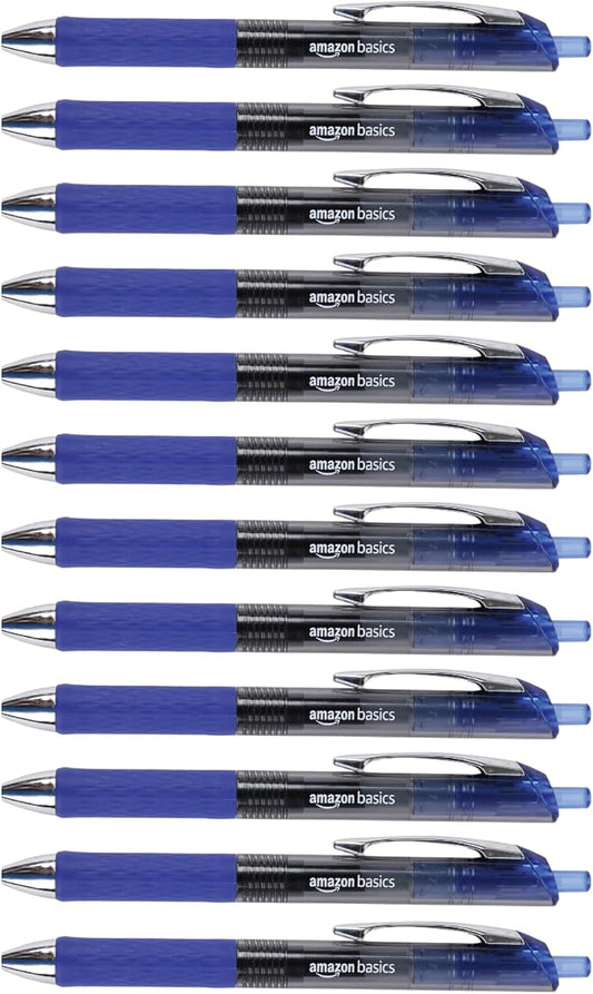 Amazon Basics Retractable Gel Pens, Fine Point 0.7mm, Smooth Writing, No-Smear Ink, Blue, 12-Pack