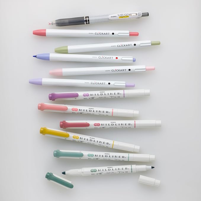 Journaling Kit: 6 Mildliner Highlighters + 5 ClickArt Markers + 1 Sarasa Mark-On Pen by Zebra Pen