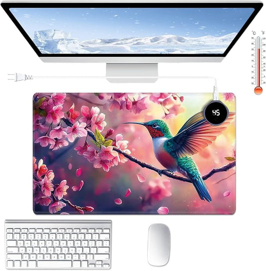 Heated Desk Pad Large Mouse Pad 23.6 x 14.1 inch with 3 Levels Heating & Auto Shut-Off Warm Mouse pad PU Leather Computer Mousepad for Home Office Work - Cherry Blossom and Hummingbird