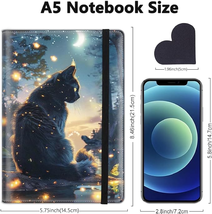 A5 Leather Lined Journal Notebook, 200 Pages Hardcover Executive Notebook for Men Women Office School Note Taking, Thick Writing Paper Daily Journal with Bookmarks/Indexes,Cute Black Cat