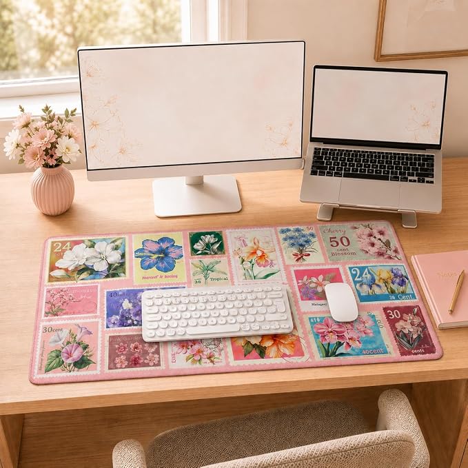 iCasso Pink Floral Desk Pad Mat, XXL Large Mouse Pad, Anti-Slip Retro Mousepad with Stitched Edges, Computer Keyboard Mat for Desktop Decor, Aesthetic Office Desk Accessories for Women(Pastel Pink)