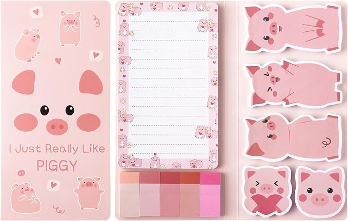 B1ykin Sticky Notes Set - 550 Sheets Memo Writing Pad Pink Piggy Design | Self-Stick Notes Pages, Teacher Appreciation Gift, School Office Supplies, I Just Really Like Piggy Design