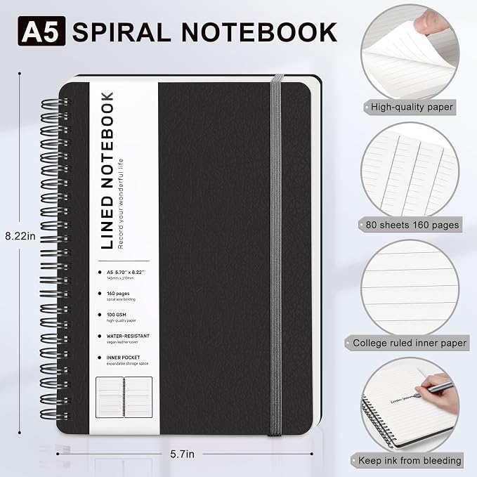 ABERLLS Lined Spiral Journal Notebook with 160 Pages, 8×5.7in, A5 Spiral Notebook, Journaling Notebooks for Work, School, Women, Men, College Ruled Spiral Notebook, Hardcover Leather Journals, Black