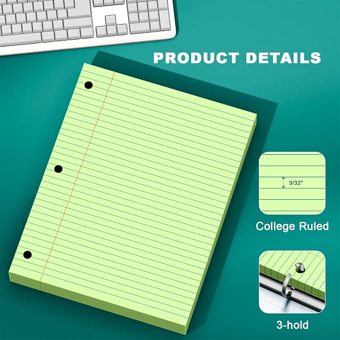 Green Note Pads 8 X 10.5 Loose Leaf Paper, 120Sheets, 3 Hole Punched Lined Paper, College Ruled 8 X 10.5 Notebooks, 10-1/2" X 8 Binder Writing Pads, Filler Paper for Office, School Supplies