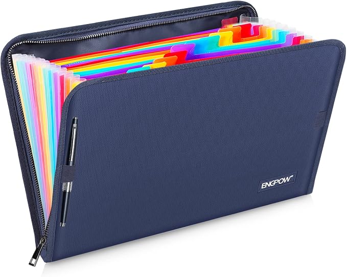 ENGPOW Expanding File Folder,Fireproof 13 Pockets Document Organizer Bag | Accordion File Organizer with Zipper＆Labels,Portable Home Travel Safe Storage for Important Files,Papers,Letter Size,Blue