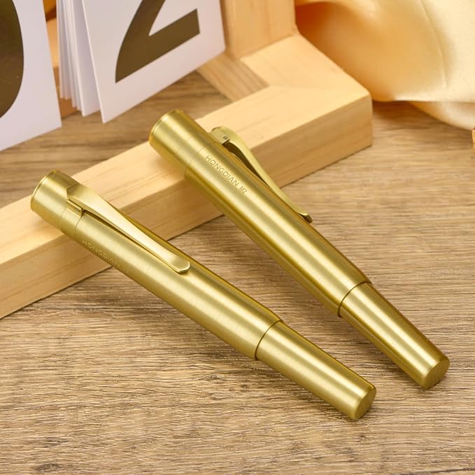 HONG DIAN M2 Mini Brass Fountain Pen with Bent Nib, Sleek Shape Short Pocket Travel Pen (Glossy Brass)