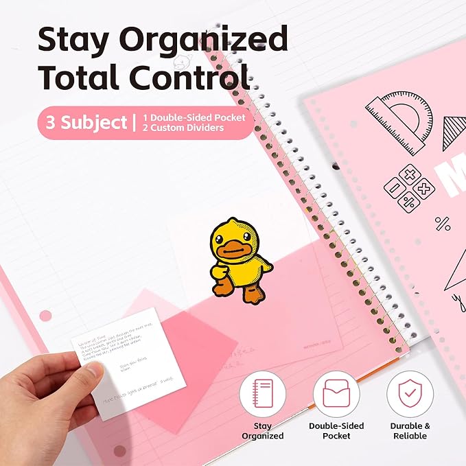 Comix Plastic Cover 5 Subject Notebook, 200 Sheets 8-1/2" x 11" College Ruled Notebook with 5 Dividerfor Office/School/Home, Pink