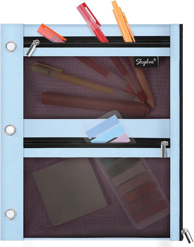 SKYDUE 3 Ring Pencil Pouch for Binder, Zipper Binder Pencil Pouch with 3 Pockets and Mesh Window, Durable Organizer for School Supplies, Cables, Earbuds, Makeup
