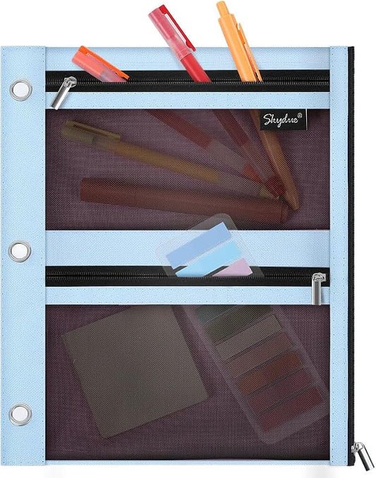 SKYDUE 3 Ring Pencil Pouch for Binder, Zipper Binder Pencil Pouch with 3 Pockets and Mesh Window, Durable Organizer for School Supplies, Cables, Earbuds, Makeup