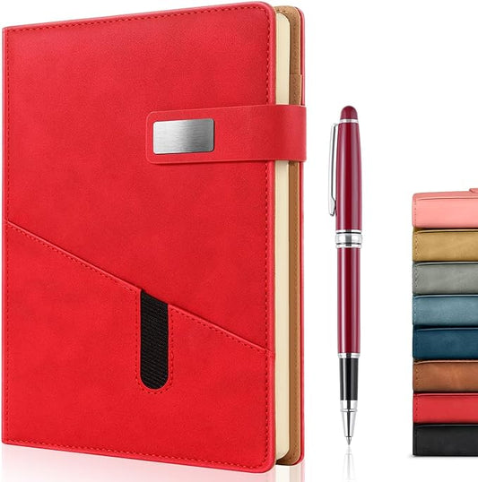 A5 Lined Leather Journal with Pen, 240 Pages Refillable Hardcover Notebook with Pocket and Magnetic Buckle, 80gsm Thick Daily Diary for Men and Women, Great Gift for Business Travel Personal - Red