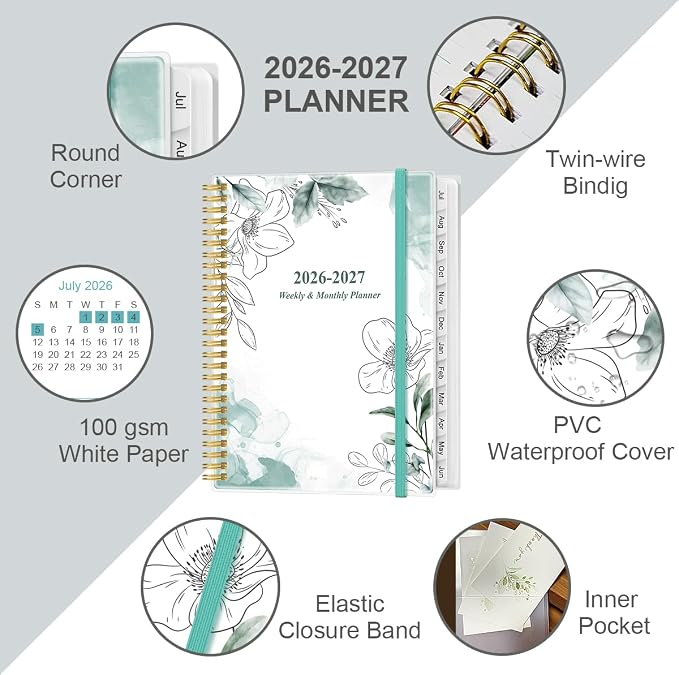 2026-2027 Planner - Planner 2026-2027 from July 2026 - June 2027 with 12 Monthly Tabs, Flexible Cover, Inner Pocket, 8.5" x 11", Teal Flowers