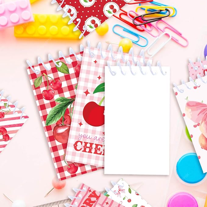 Cherry Mini Coil Notepad 24 Pcs, 2.36 x 3.94 Inch Cute Small Notebooks with 8 Adorable Cherry Designs, 16 Sheets 32 Pages, Memo Pads for Daily Planning, Shopping Lists, Office School Supplies