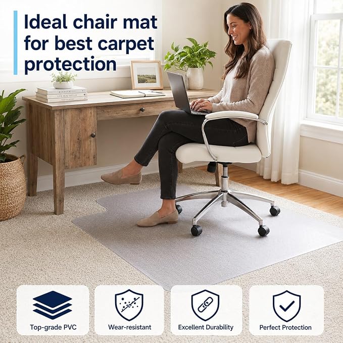 Chair Mat for Carpet- Low Pile (1/4" Thick) Carpet Protector for Office Gaming Computer Desk Chair. Heavy Duty Desk Chair Mat for Carpeted Floors, Semi Transparent (with Lip)