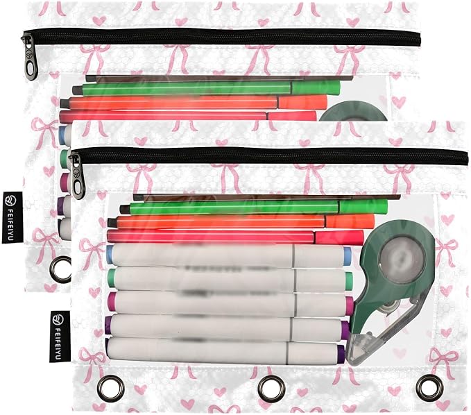 Gredecor 3 Ring Binder Pencil Pouch, Cute Bows Pink Bow Zippered Pen Case Pouches with Clear Window, 2 Pack Stylish Office & School Supplie