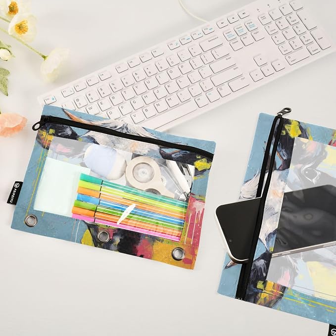 Funny Cow Farm Animals Pencil Pouch Fits standard 3-ring binders, Zipper Binder Pencil Bag with Clear Window for Class Office 2 Pack
