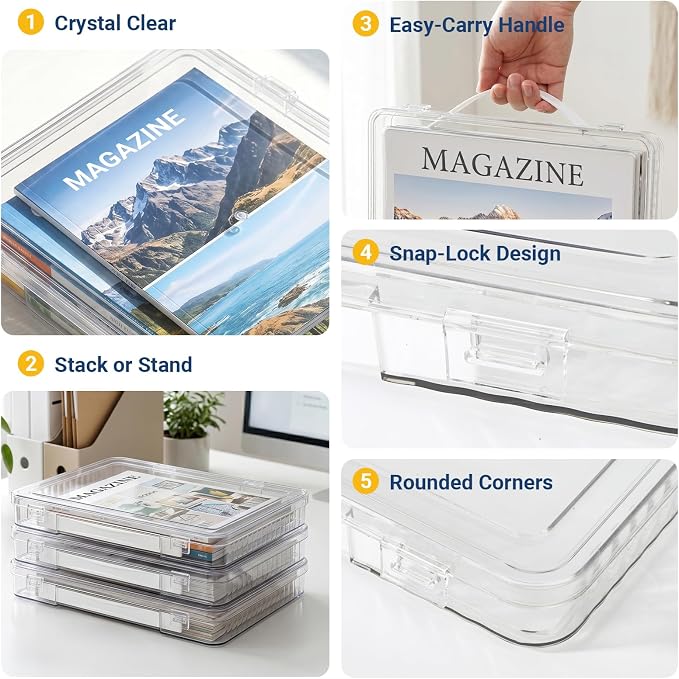 2Pcs Crystal Clear Magazine Protectors for Collectors, 8.7x12.8x1.1 | Paper Storage Box with Handle, Magazine Case, Plastic File Storage Box for 8.5x11 Letter A4 Document Photo Comic Book