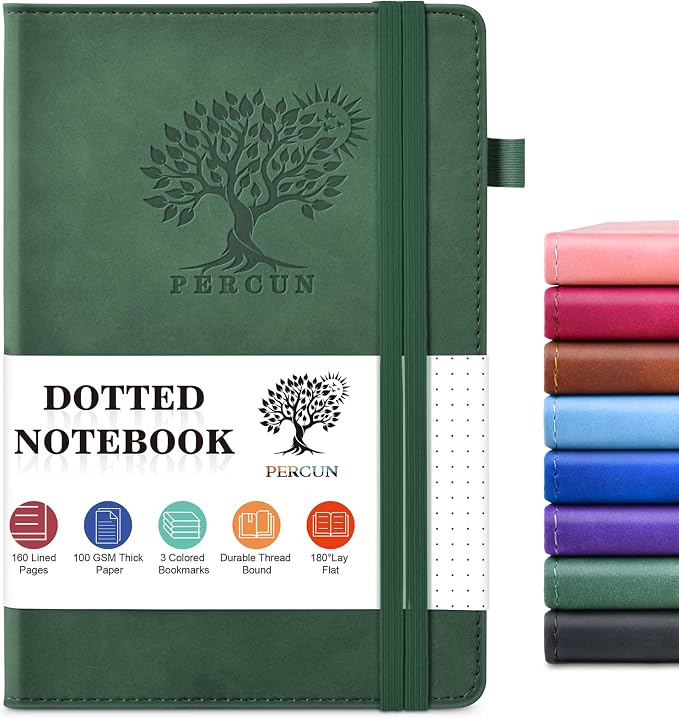 PERCUN A5 Dotted Journal Notebook, Leather Hardcover Notebook 5.9"×8.5" | 160 Dotted Pages Journal for Women & Men, Dot Grid Notebook for Writing, Work, School, Travel Daily Diary, Bullet Journaling