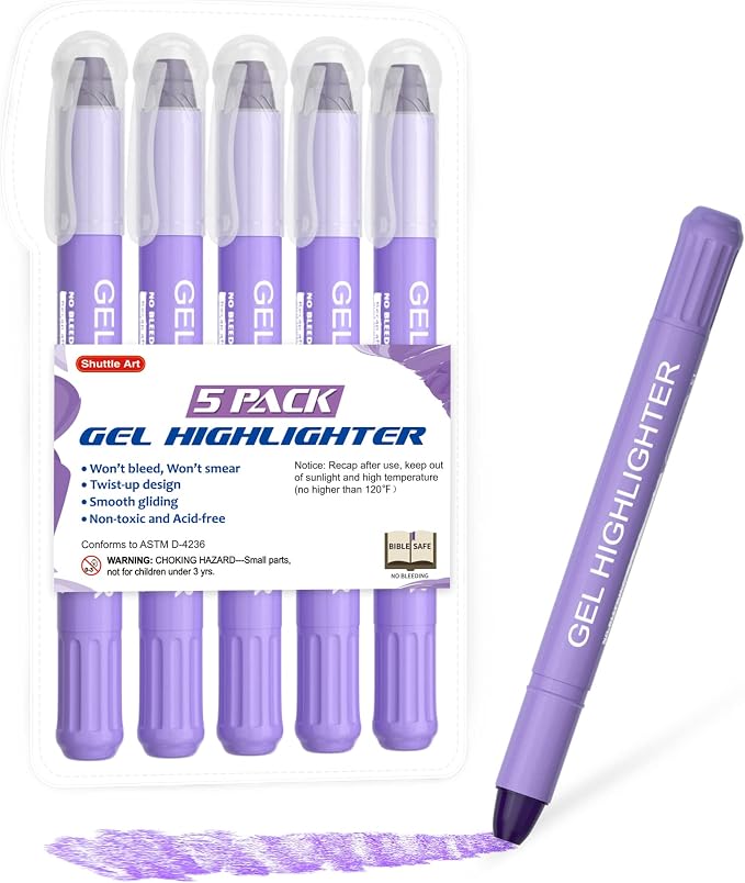 Shuttle Art 5 Pack Purple Gel Highlighters,Bible Highlighters,No Bleed Through, Bible Journaling Supplies,Great for Journaling, Highlighting and Studying