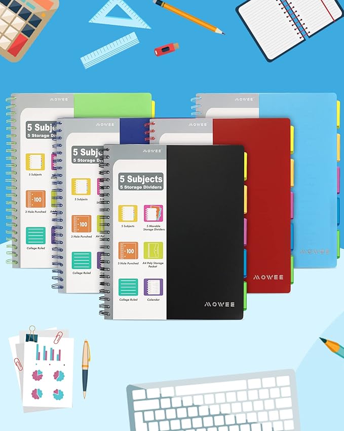 5-Subject Spiral Notebook, College Ruled, with Pocket & Tab Dividers | 200 Pages, 11" Ruler, 8.5"x11" 3PCMulti, Pocket Dividers with Tab Labels, for Writing Journal, Home, Office & School Supplies