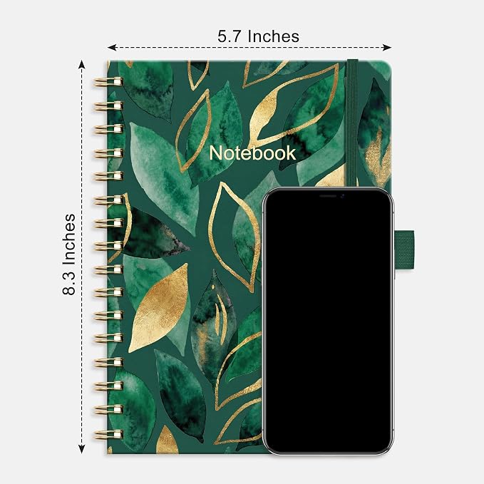 AHGXG Spiral Journal Notebook, 160 Lined Pages, A5 Medium Size (5.7'' x 8.3''), for Men & Women, Journaling, Writing, Work & Office, Hardcover, 100 GSM Thick Paper (Golden Emerald Leaves)