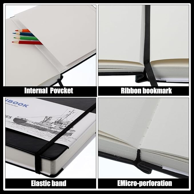 Hardcover Sketchbook 8×8 in, 180 GSM, 80 Sheets, Square Drawing Pad | Acid-Free Paper, Pu Leather Cover, Perforated Pages, Elastic Closure, Back Pocket, Flat-Lay Design