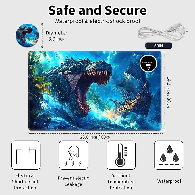 Heated Desk Pad Mouse Pad,Heated Desk Mat,with 3 Heating Levels & 3 Hours Auto Shut-Off,Leather 23.6"*14.2" Gaming Mouse Laptop Mat,Foot Warmer,Blue Dinosaur Ocean