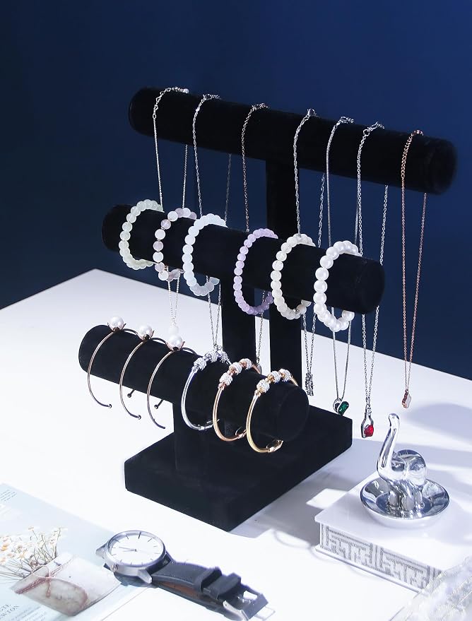 Coward 3 Tier Bracelet Holder Jewelry Display Stand, Necklace Display Holder, Watch Hair Ties Stand, Hairband Jewelry Organizer for Home or Store Show (Black Velvet)