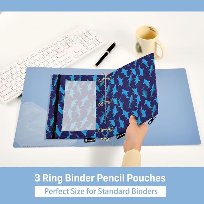 Gredecor 3 Ring Binder Pencil Pouch, Funny Shark-1 Zippered Pen Case Pouches with Clear Window, 2 Pack Stylish Office & School Supplie