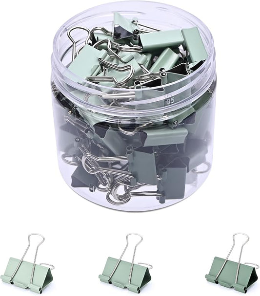 Temiary Aesthetic Binder Clips, Small Metal Binder Clip with Clear Storage Container, Binding Paperwork Clamps for School Teachers Office Supplies (Green 0.6 Inch, 60P)
