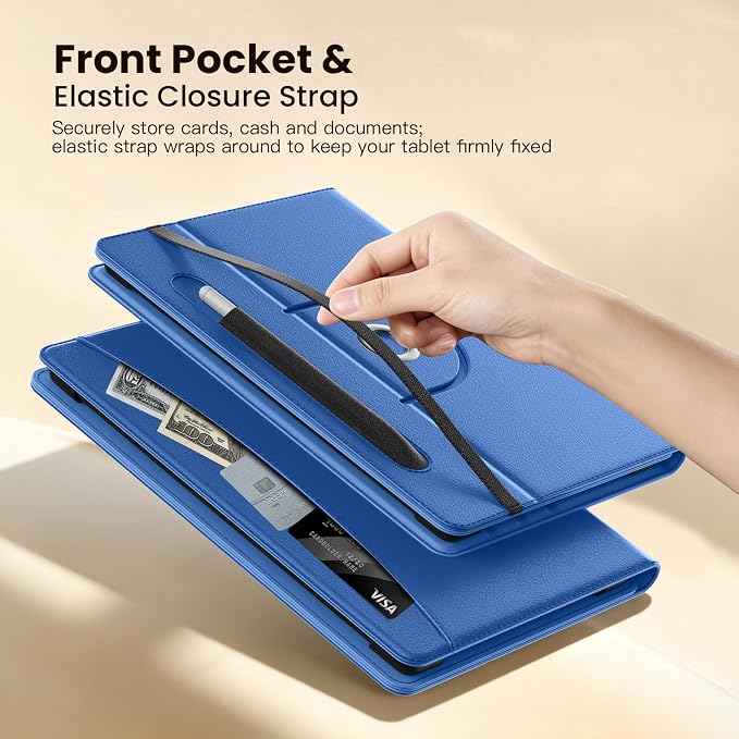 MoKo for Universal 11 inch Android Tablet Case with Pen Holder, Blue | Fits All 9.6-11 inch Tablets, Slim 360 Degree Rotating Cover, Multi-Angle Stand, Front Pocket, No fit iPad/NO back opening