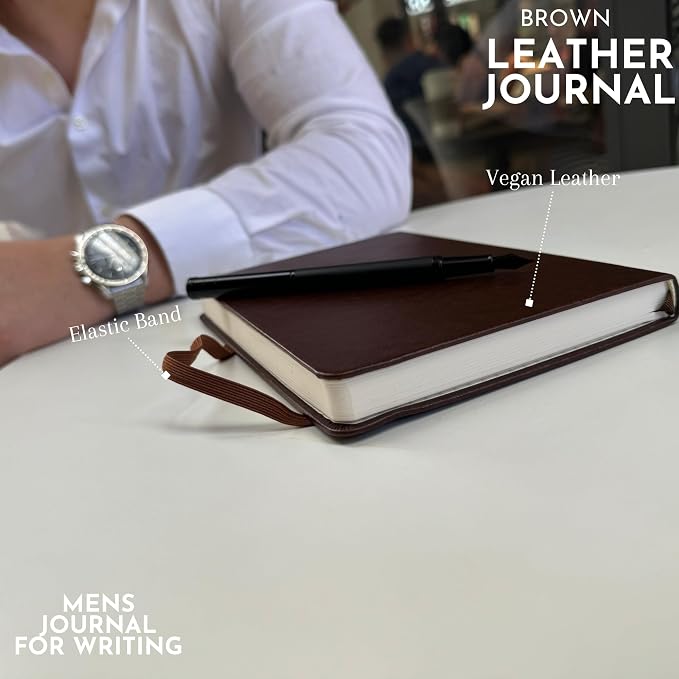 SETTINI® Hardcover Lined Journal Notebook A5 120 GSM Lay-Flat, Mocha Brown | lay-flat binding, 120 GSM thick paper, A5, lined, ribbon bookmark, elastic closure, for men