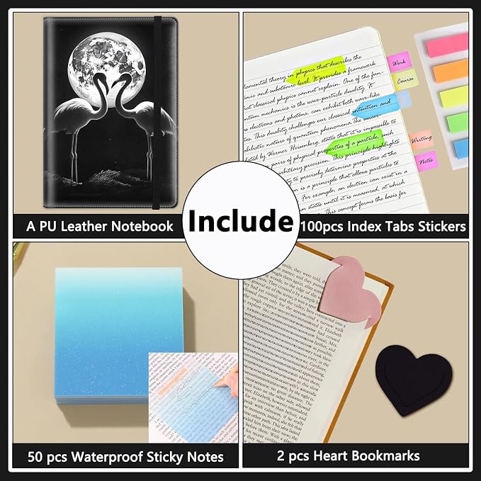 A5 Leather Lined Journal Notebook, 200 Pages Hardcover Executive Notebook for Men Women Office School Note Taking, Thick Writing Paper Daily Journal with Bookmarks/Indexes, Flamingo Moon