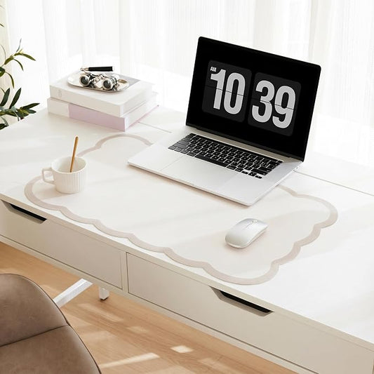 Scalloped Desk Mat, 23.6" x 11.8" Cute Small Beige Sand Aesthetic Desk Accessories, PU Leather Computer Laptop Desk Mouse Keyboard Pad, Desk Writing Mat for Vanity/Work/Home Decor