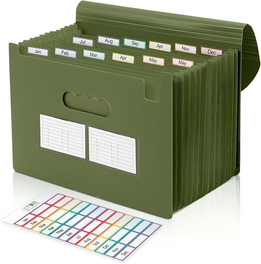 SKYDUE Accordion File Organizer, Expanding File Folder with 13 Pockets, Portable Document Paper Bill Receipt Organizer, Home School Office Supplies, Letter A4 Size OliveGreen