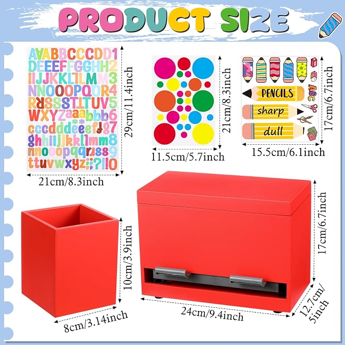 Mifoci 8 Pcs Wooden Pencil Dispenser Kit for Classroom Wooden Pen Holder Straw Dispenser Sharp and Dull Letter Stickers for Teachers Classroom Supplies Storage (Red)