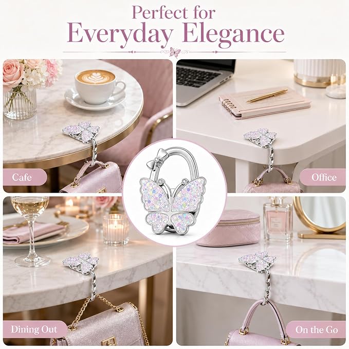 Purse Hook for Table, Foldable Handbag Hanger for Women, Portable Bag Holder with Non-Slip Base, Cute Bling White Butterfly Purse Table Hook for Restaurant Office Travel Gift