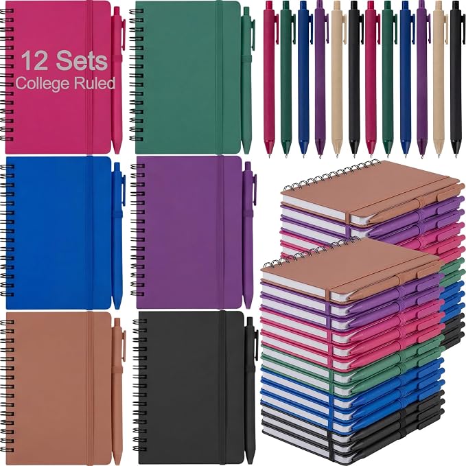 Fulmoon 12 Set Small Spiral Notebooks A6 with Pens Bulk, Multicolor 4" x 6" Pocket Notebooks Mini Lined Journals 50 Sheets for Back to School Supplies Students Rewards Office Gifts (Deep Tones)
