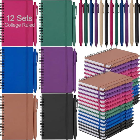 Fulmoon 12 Set Small Spiral Notebooks A6 with Pens Bulk, Multicolor 4" x 6" Pocket Notebooks Mini Lined Journals 50 Sheets for Back to School Supplies Students Rewards Office Gifts (Deep Tones)