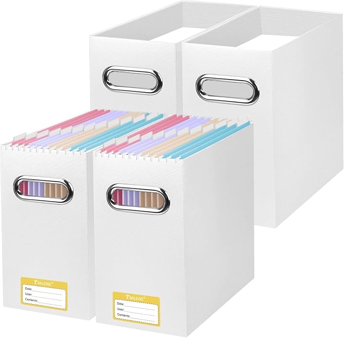 BALEINE File Organizer Box, Cardboard File Folder Organizer with Handle for Letter Size, Portable Collapsible Hanging Filing Box for Home Office Document Storage (4 Pack, White)