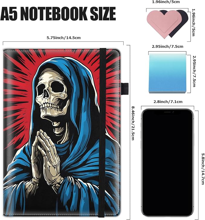 Hardcover Executive Notebooks, A5 PU Leather Lined Journal Notebook, 200 Pages Thick Paper Subject Notebooks for School,Work,Home Writing Business Notebook, Diary Book ，Praying Skeleton