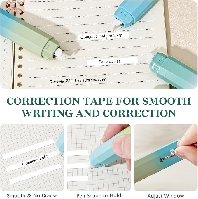 Temiary 5 Pcs White Correction Tapes, Aesthetic White Smooth Pull Out Tape Pens for Instant Corrections, Easy to Use Tear-Resistant Pen Shaped Applicator for Office School Supplies (Gradient Green)