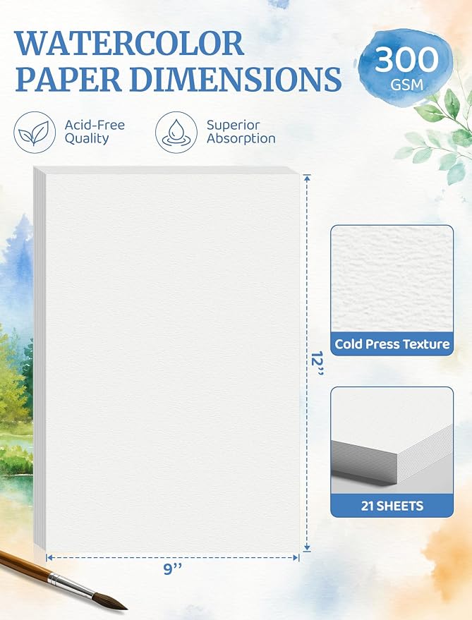 21 Sheets Watercolor Paper 9x12, Cold Press Watercolor Paper Pad, 140 LB/300 GSM Water Color Paper 9x12, Art Supplies for Kids Adults, Watercolor Pad for Painting, Sketching, Acrylic, Gouache