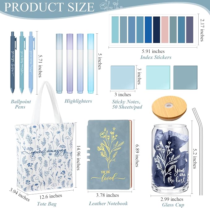 14 Pcs Inspirational Journal Kit for Women Aesthetic A6 Leather Journal Notebook Glass Cup Canvas Tote Bag Motivational Pen Stationery Set for Vbs Sunday School Teacher Back to School(Blue)