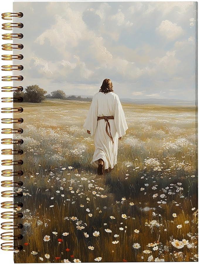 Christian Notebook – Jesus Walking in Peaceful Meadow – Religious Journal with Nature Artwork – Hardcover Faith Diary for Daily Writing, Spiral Bound 5.5x8.3 Inches