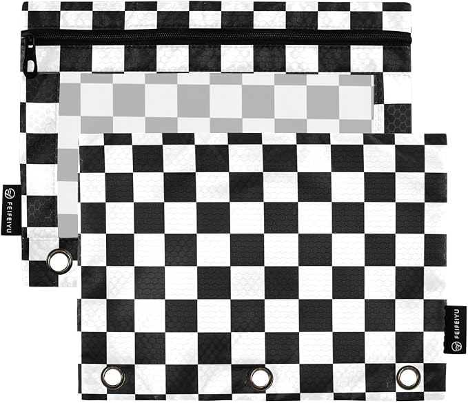 Gredecor 3 Ring Binder Pencil Pouch, Plaid Check Checkered Plaid Zippered Pen Case Pouches with Clear Window, 2 Pack Stylish Office & School Supplie