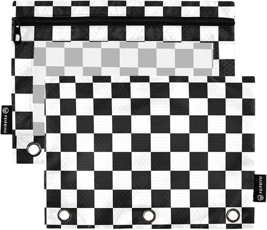 Gredecor 3 Ring Binder Pencil Pouch, Plaid Check Checkered Plaid Zippered Pen Case Pouches with Clear Window, 2 Pack Stylish Office & School Supplie