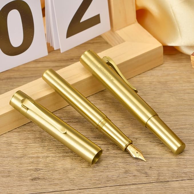 HONG DIAN M2 Mini Brass Fountain Pen with Bent Nib, Sleek Shape Short Pocket Travel Pen (Glossy Brass)