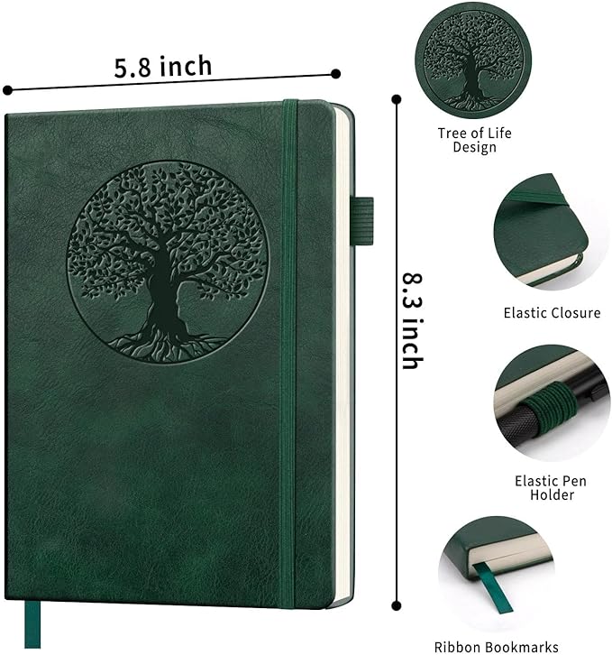 Lined Journal Notebook, A5 Leather Vintage Journals for Writing, 256 Pages College Ruled Notepad for Women Men, Vegan Leather Daily Notebook for Work, School, Travel, Note Taking(Tree of Life, Green)