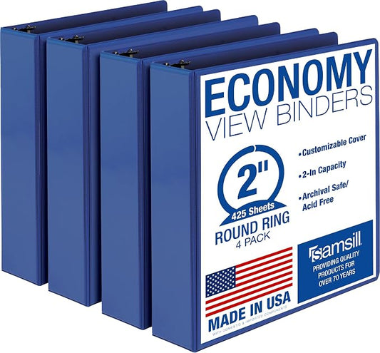 Samsill 2 Inch 3 Ring Binders, Economy Round Ring, Clear View Cover, 425 Sheet Capacity - for School, Home, Office - Blue, 4 Pack