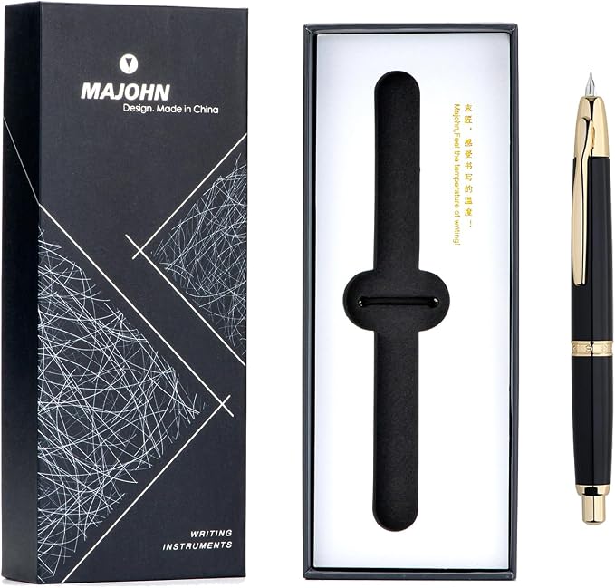 erofa Majohn A1 Press Fountain Pen Fine Nib with Box, Retractable Black Metal Ink Pen with Converter Writing Set (Golden Clip Version)